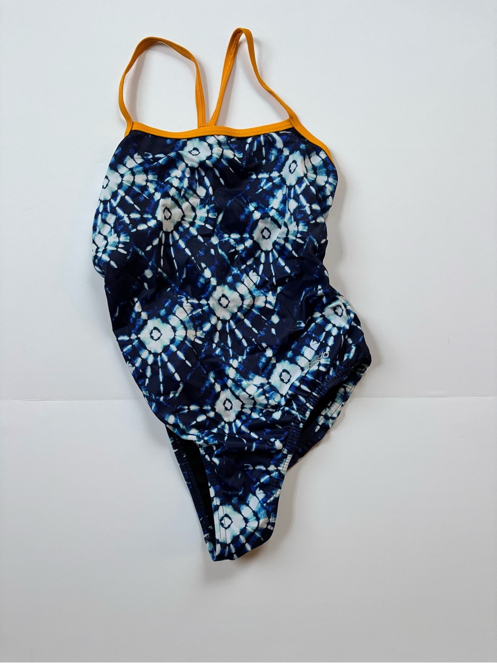 Speedo Navy & White Tie-Dye One-Piece Swimsuit with Orange Straps - Size 28